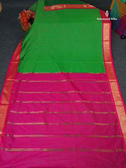 Semi Silk Saree - Green Colour Body Checks With Contrast Pink Border | 9.5 Yards 