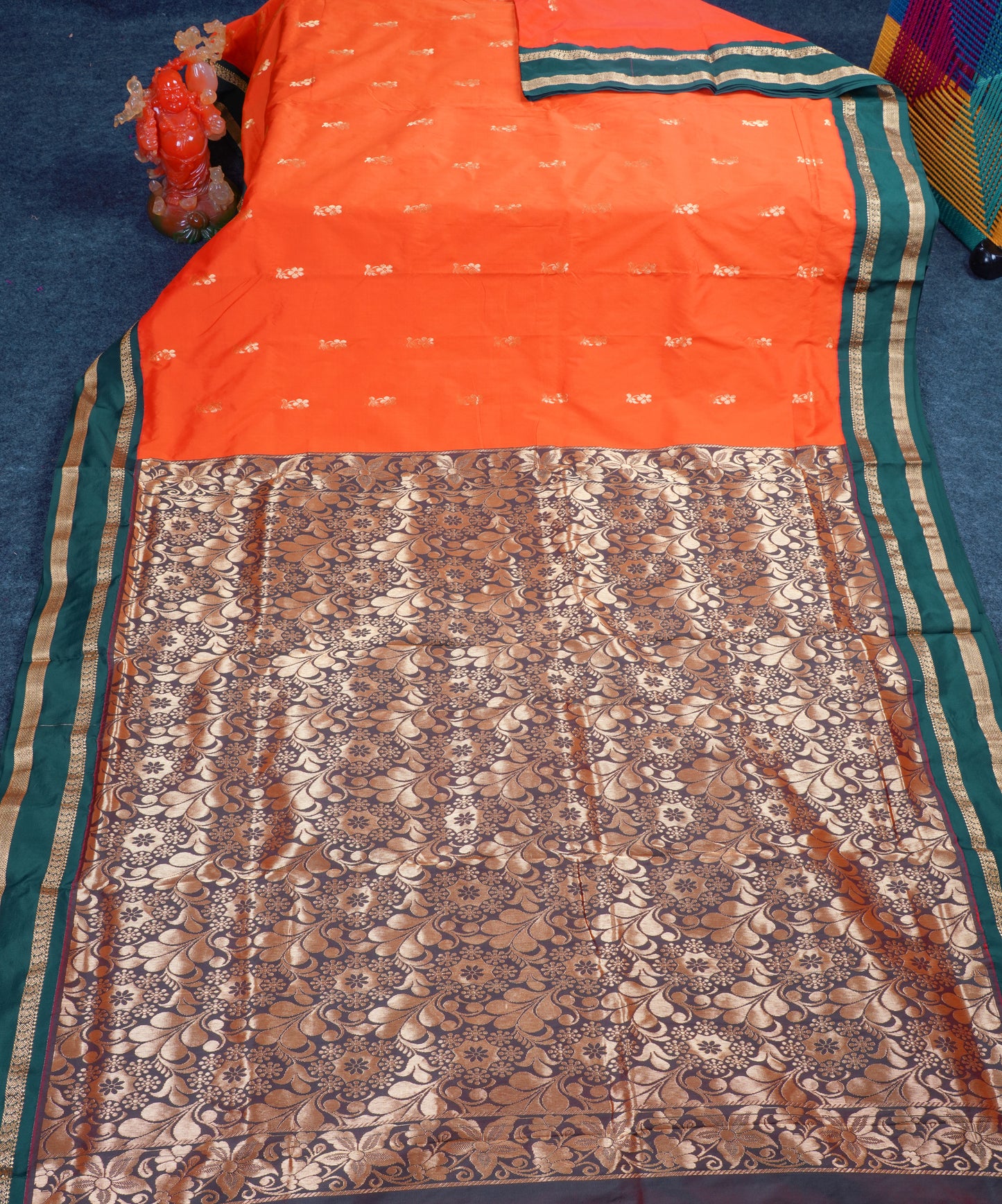 9.5 Yards Semi Silk Saree Orange with Contrast Bottle Green Traditional Rettapet Border