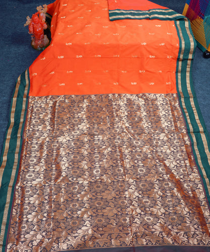 9.5 Yards Semi Silk Saree Orange with Contrast Bottle Green Traditional Rettapet Border