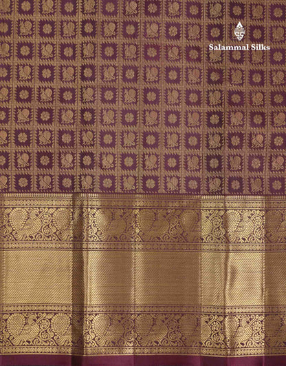 Beautiful Wine Colour Checks & Buttas Bridal 2G Pure Kanjivaram Silk Saree With Traditional Evening Morning Border