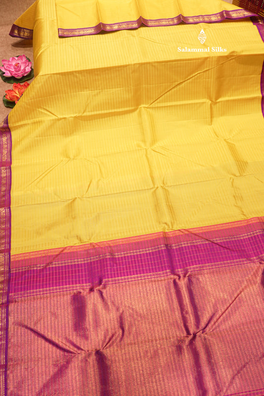 Korvai Yellow Pure Kanjivaram Silk Saree With Small Magenta Border