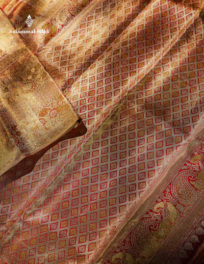 Beautiful Light Orange Tissue Bridal Menakari Work Pure Kanjivaram Silk Saree With Fancy Border