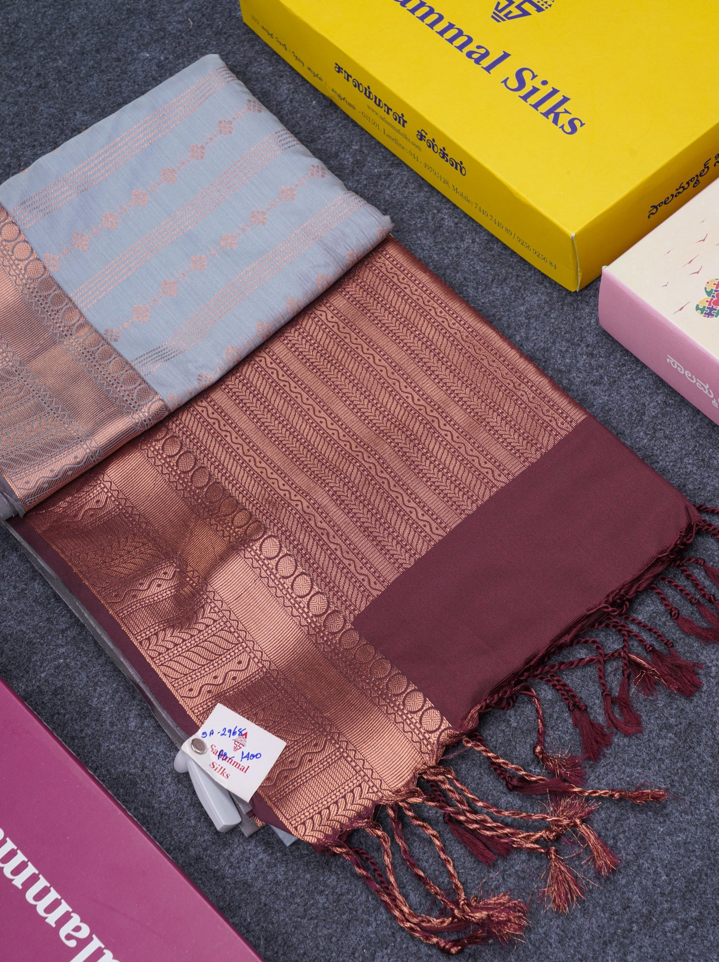 Beautiful Light Grey Semi Soft Silk Saree With Contrast Dark Brown Blouse