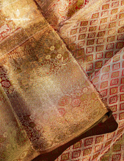 Beautiful Light Orange Tissue Bridal Menakari Work Pure Kanjivaram Silk Saree With Fancy Border