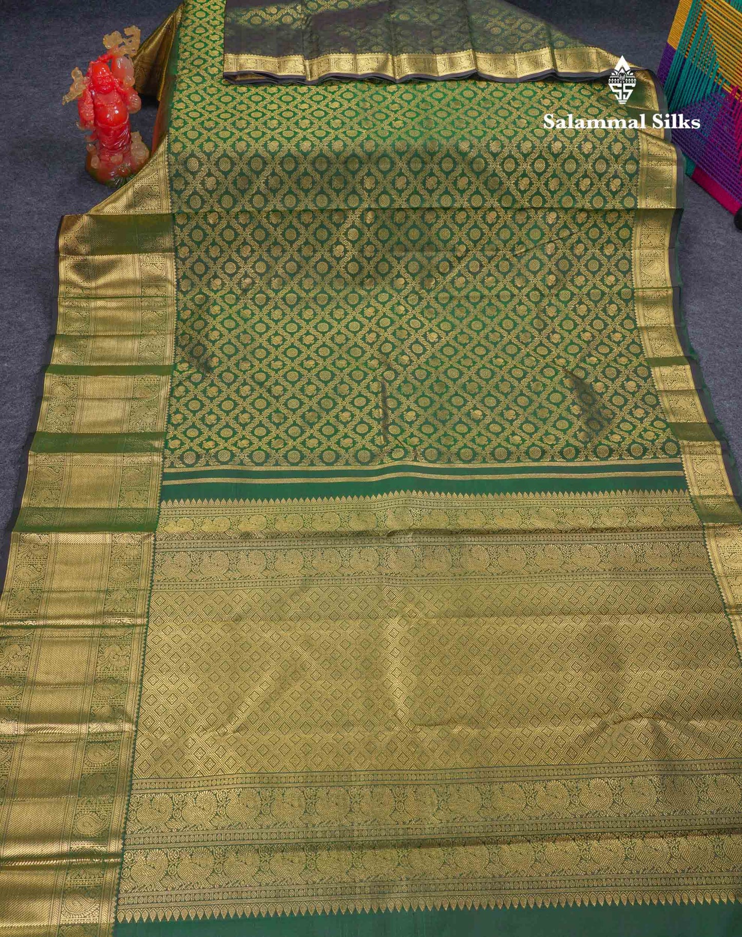 Beautiful Bottle Green Peacock & Chakaram Butta Bridal 2G Pure Kanjivaram Silk Saree With Traditional Evening Morning Border