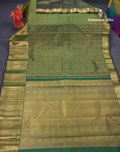 Beautiful Bottle Green Peacock & Chakaram Butta Bridal 2G Pure Kanjivaram Silk Saree With Traditional Evening Morning Border
