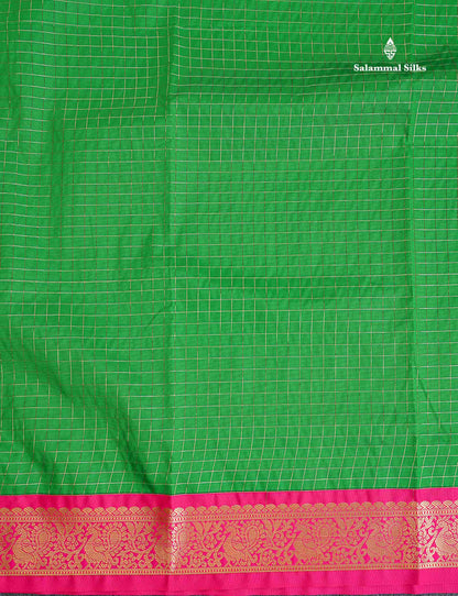 Semi Silk Saree - Brinjal Colour Body Checks With Contrast Pink Border | 9.5 Yards
