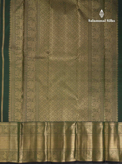 Beautiful Bottle Green Peacock & Chakaram Butta Bridal 2G Pure Kanjivaram Silk Saree With Traditional Evening Morning Border