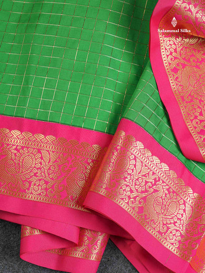 Semi Silk Saree - Brinjal Colour Body Checks With Contrast Pink Border | 9.5 Yards