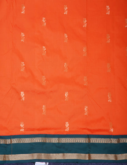 9.5 Yards Semi Silk Saree Orange with Contrast Bottle Green Traditional Rettapet Border