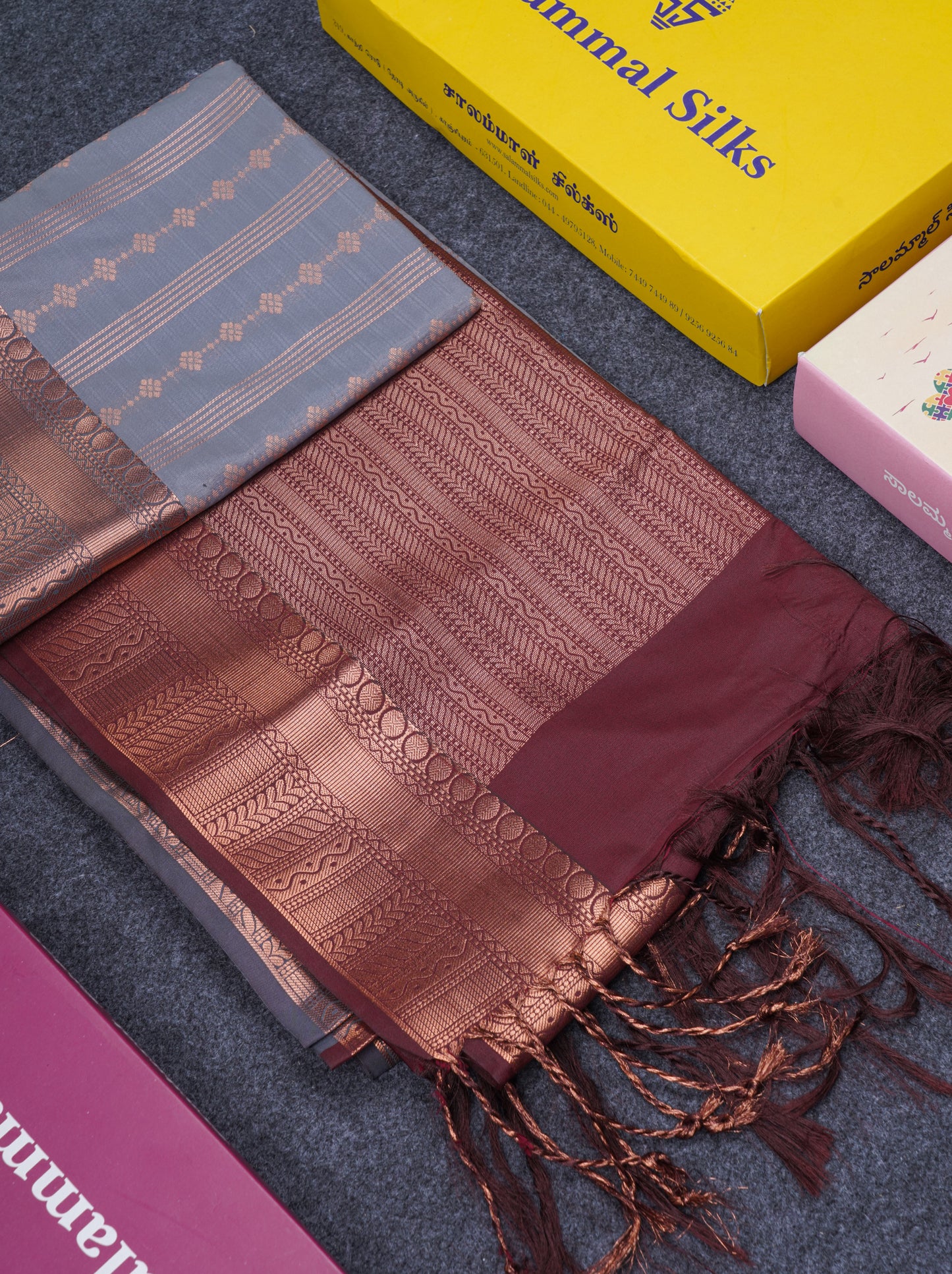Beautiful Light Grey Semi Soft Silk Saree With Contrast Dark Brown Blouse