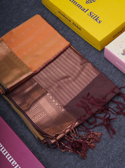 Beautiful Light Grey Semi Soft Silk Saree With Contrast Dark Brown Blouse