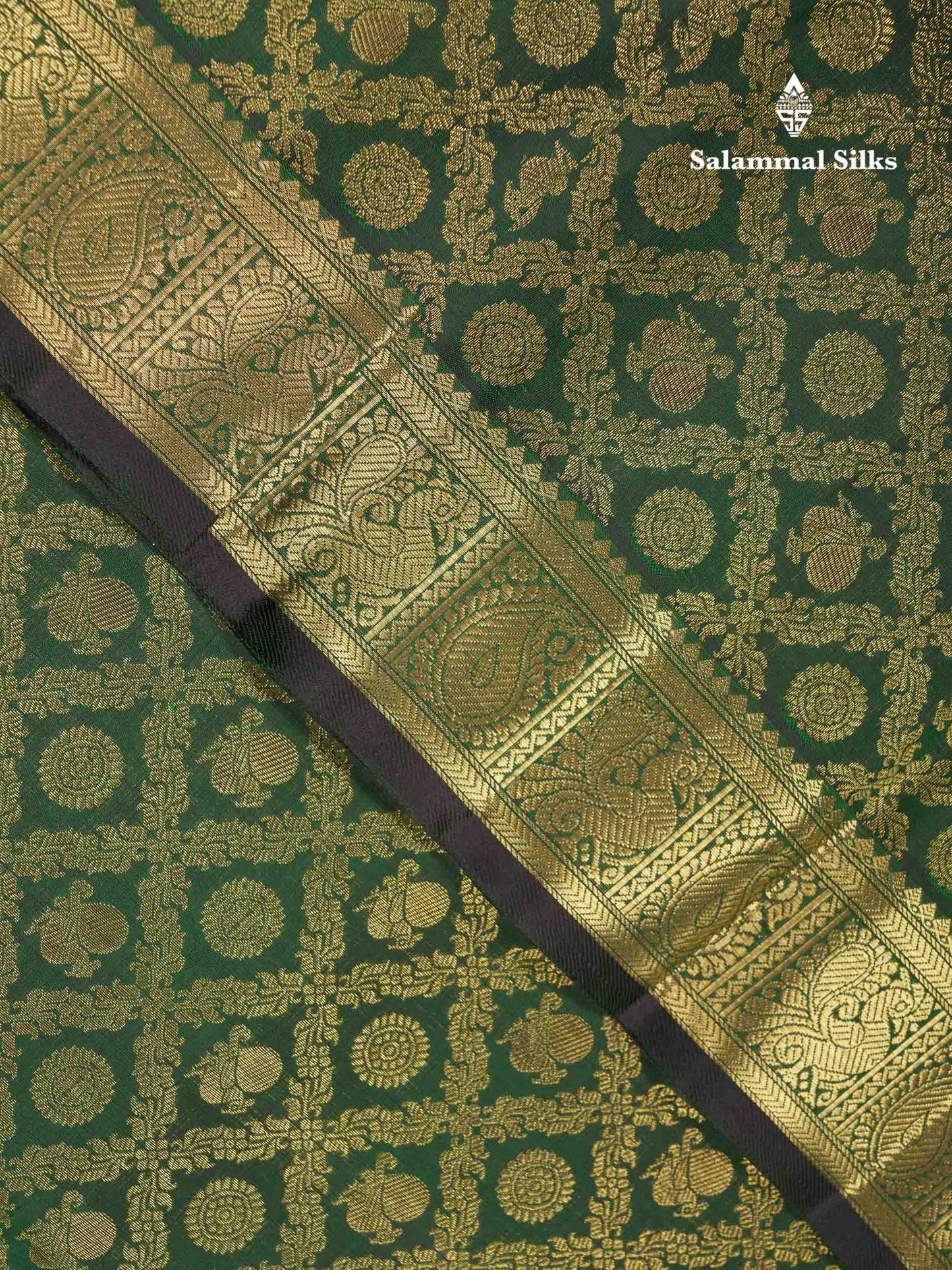 Beautiful Bottle Green Peacock & Chakaram Butta Bridal 2G Pure Kanjivaram Silk Saree With Traditional Evening Morning Border