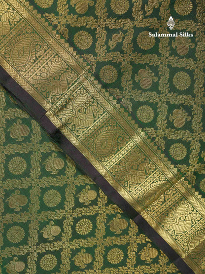 Beautiful Bottle Green Peacock & Chakaram Butta Bridal 2G Pure Kanjivaram Silk Saree With Traditional Evening Morning Border