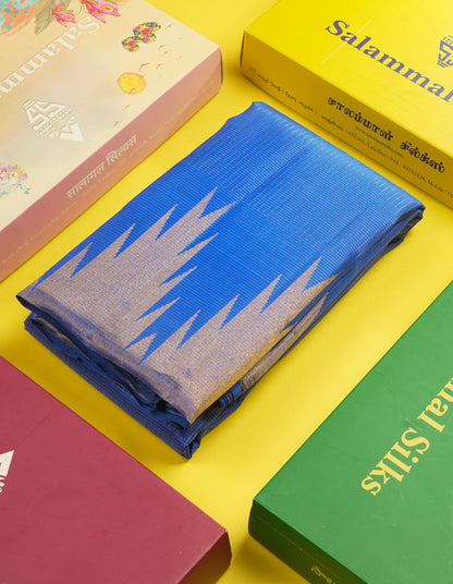 Royal Blue Tiny Checks 8 Kol Pure Kanjivaram Silk Saree with Traditional Temple Border