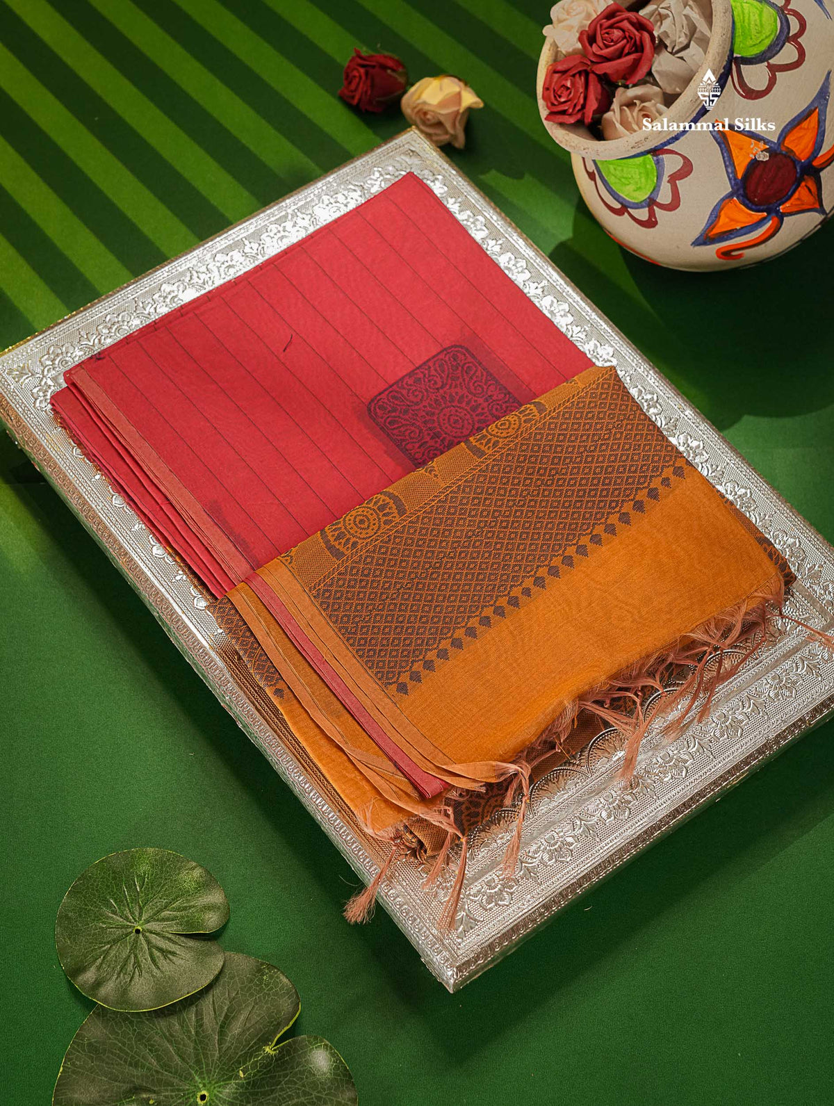 Beautiful Light Peach Fancy Kora Cotton Saree With Contrast Parrot Green Blouse
