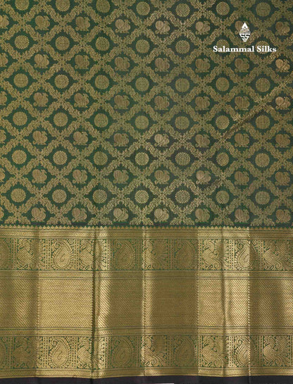 Beautiful Bottle Green Peacock & Chakaram Butta Bridal 2G Pure Kanjivaram Silk Saree With Traditional Evening Morning Border