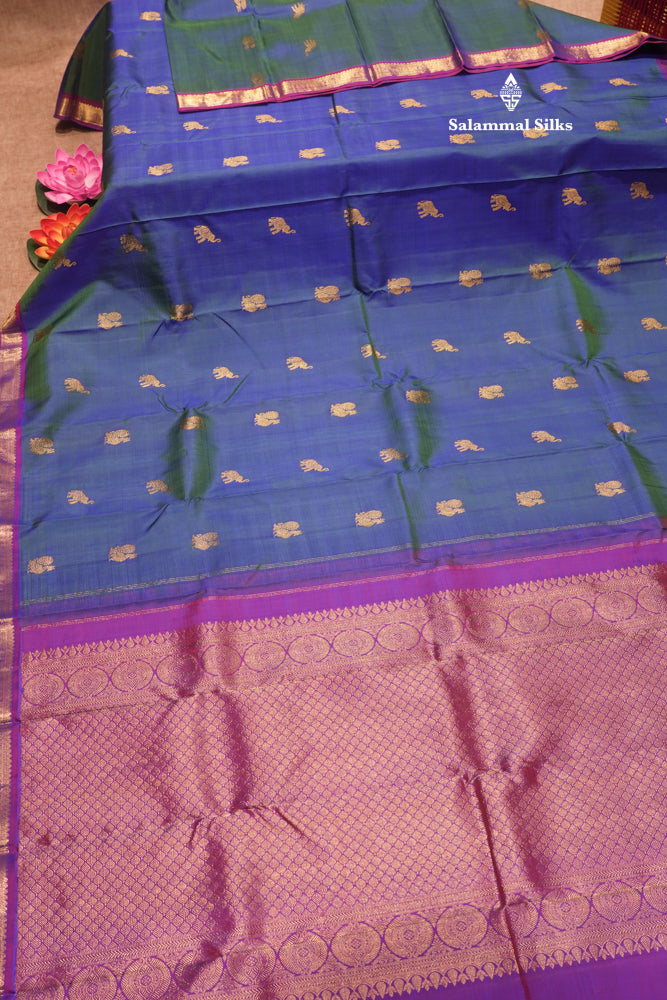 Peacock Blue Colour Pure Kanjivaram Silk Saree With Small Magenta Border