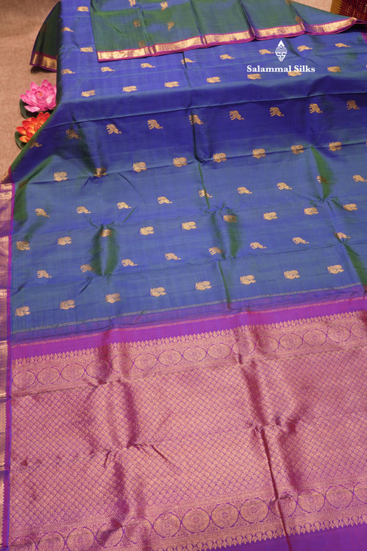 Peacock Blue Colour Pure Kanjivaram Silk Saree With Small Magenta Border