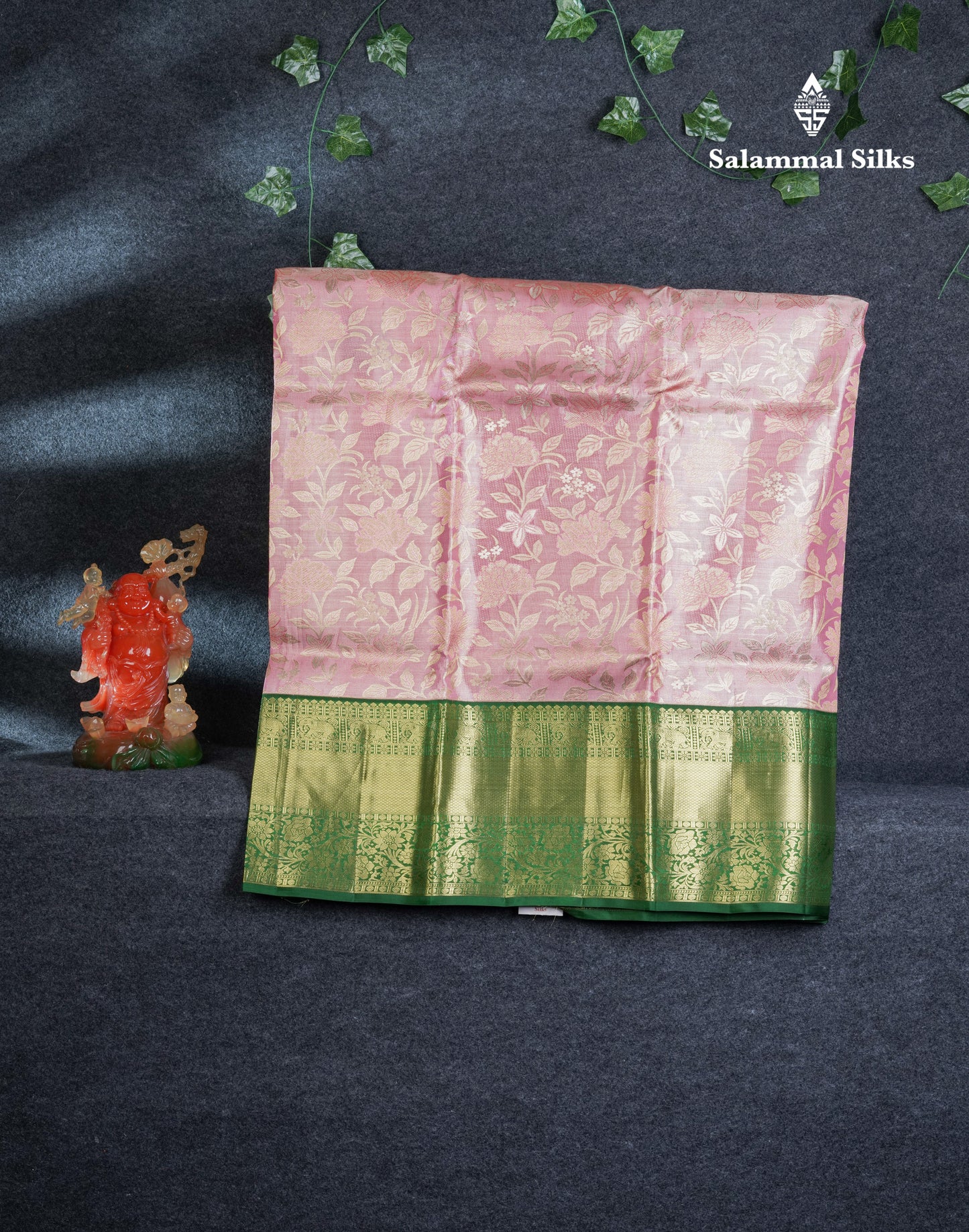 Pure Silk Pattu Pavadai ( Peach Tissue ) With Bottle Green Blouse  44"