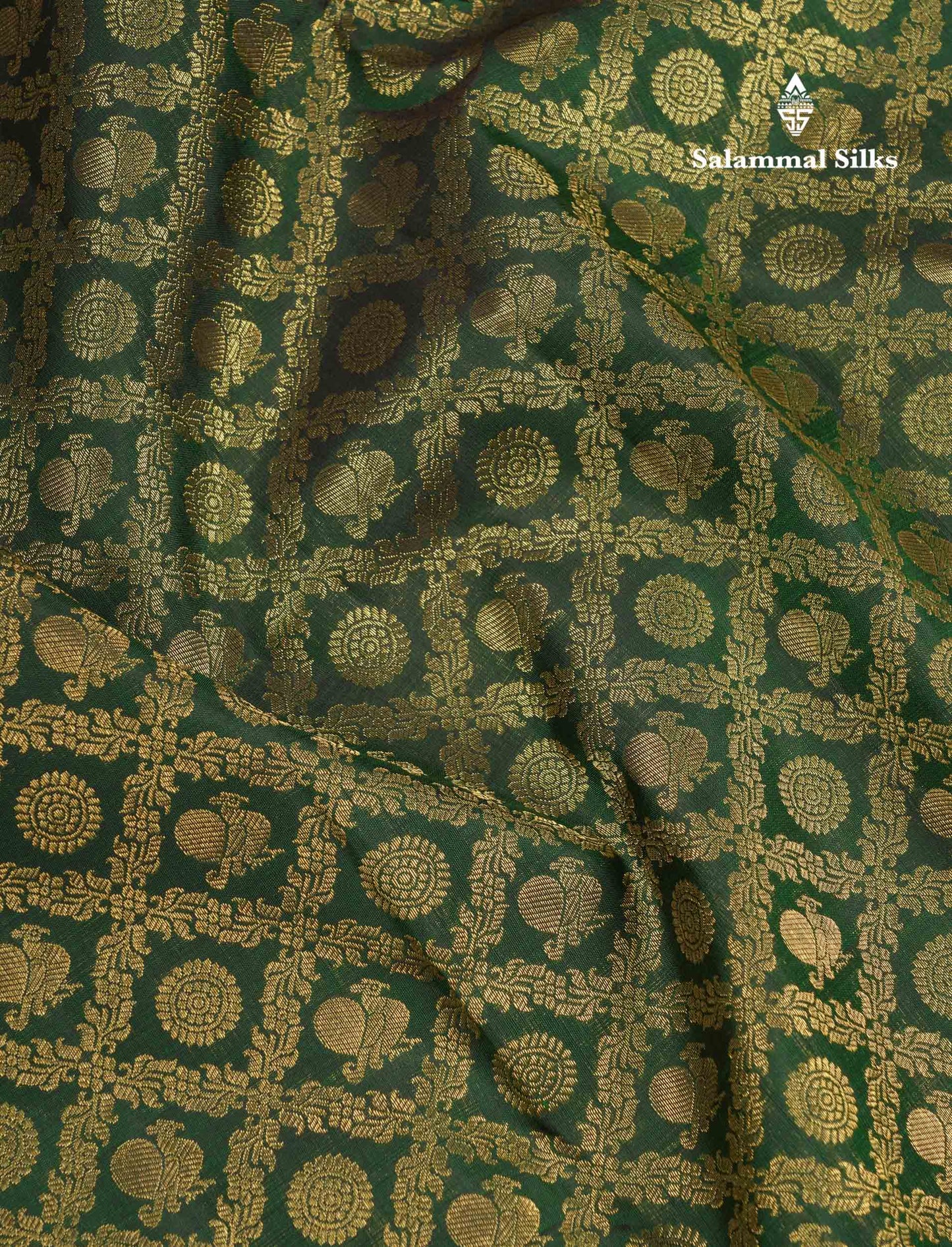 Beautiful Bottle Green Peacock & Chakaram Butta Bridal 2G Pure Kanjivaram Silk Saree With Traditional Evening Morning Border