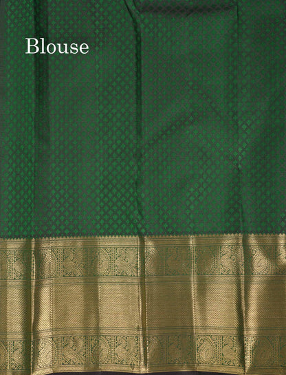 Beautiful Bottle Green Peacock & Chakaram Butta Bridal 2G Pure Kanjivaram Silk Saree With Traditional Evening Morning Border