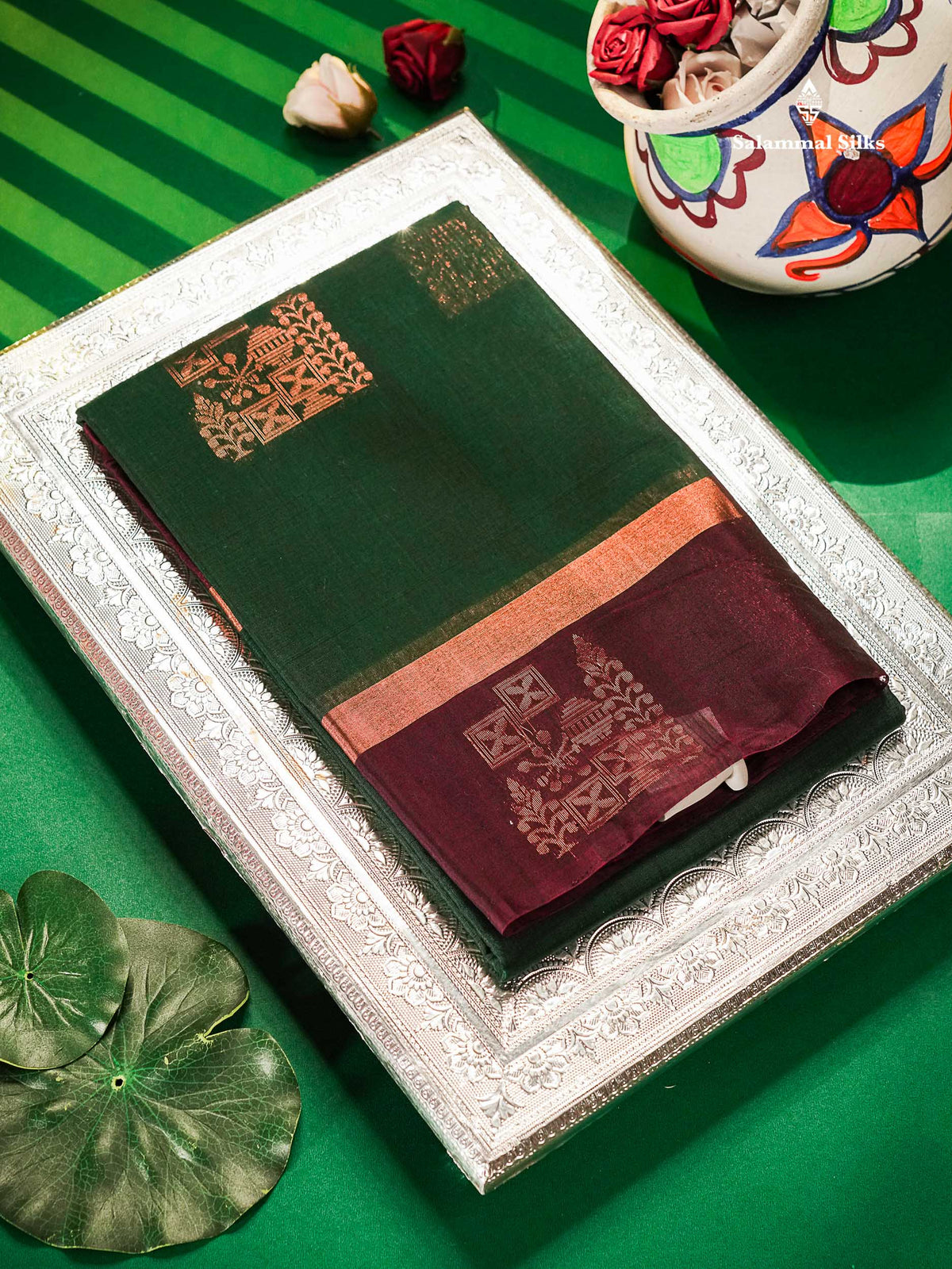 Bottle Green SICO Cotton Saree With Contrast Magenta Blouse
