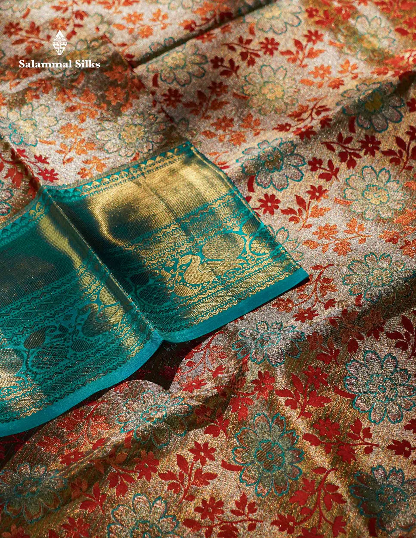 Cream Tissue Bridal Pure Kanjivaram Silk Saree With Sapphire Green Border
