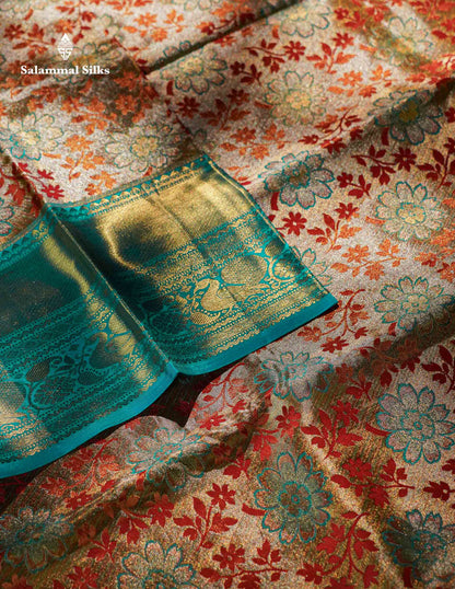 Cream Tissue Bridal Pure Kanjivaram Silk Saree With Sapphire Green Border