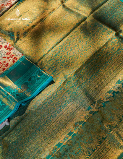 Cream Tissue Bridal Pure Kanjivaram Silk Saree With Sapphire Green Border
