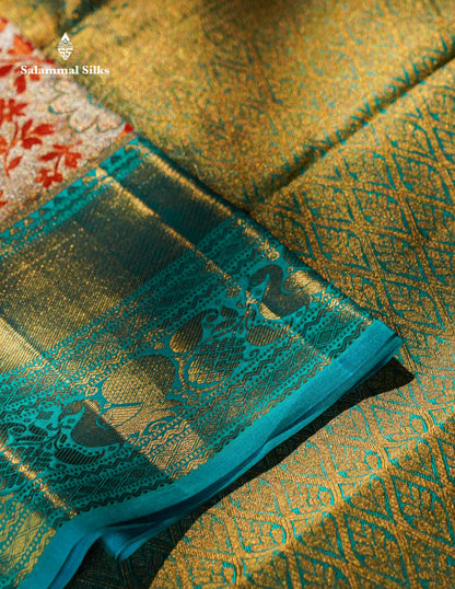 Cream Tissue Bridal Pure Kanjivaram Silk Saree With Sapphire Green Border