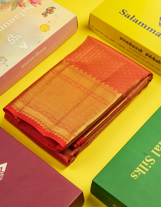 Chilly Red Bridal Pure Kanjivaram Silk Saree With Self Border