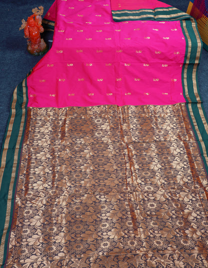 9.5 Yards Semi Silk Saree Pink with Contrast Bottle Green Traditional Rettapet Border