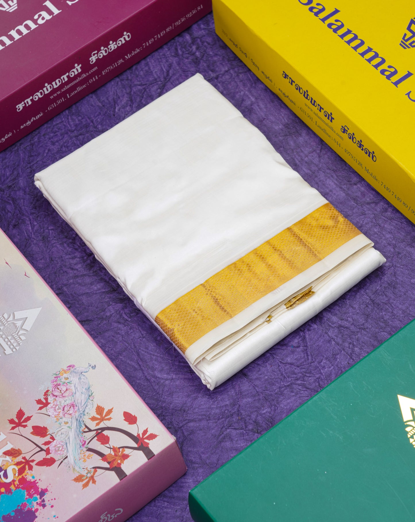 Cream White Pure Silk Dhoti (9x5) Yards with Gold Zari Border