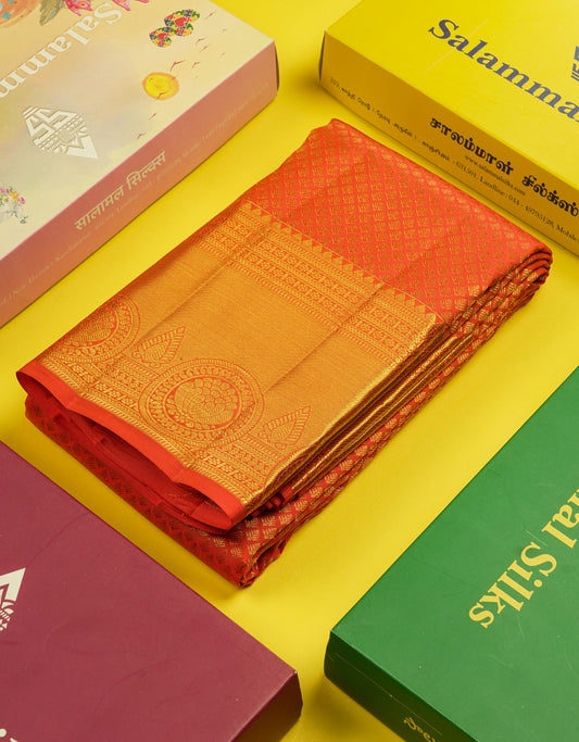 Pinkish Orange Bridal Pure Kanjivaram Silk Saree With Self Border