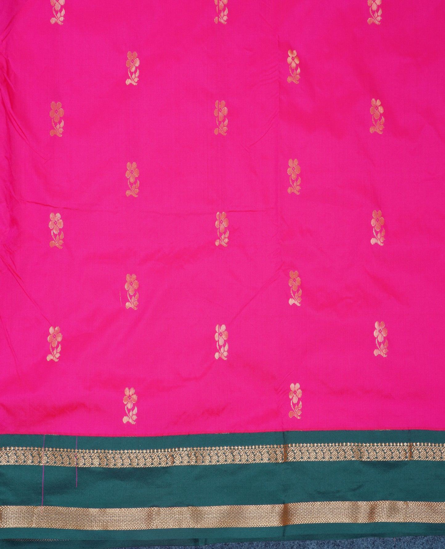 9.5 Yards Semi Silk Saree Pink with Contrast Bottle Green Traditional Rettapet Border