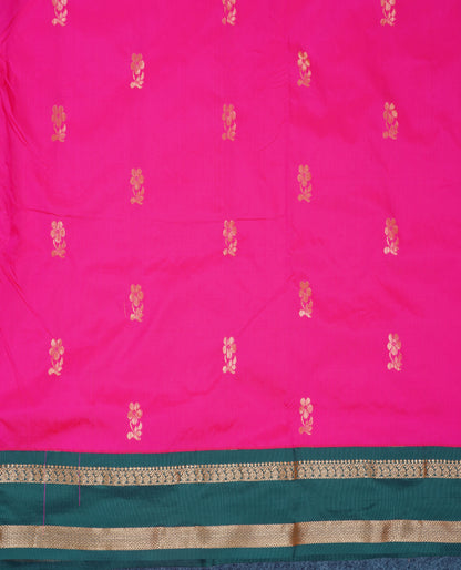 9.5 Yards Semi Silk Saree Pink with Contrast Bottle Green Traditional Rettapet Border