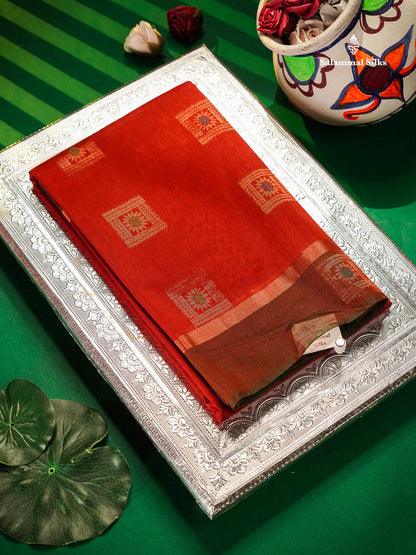 Chilly Red Menakari Work SICO Cotton Saree With Contrast Bottle Green Blouse