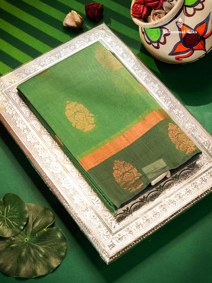 Beautiful Elaichi Green SICO Cotton Saree With Contrast Navy Blue Blouse