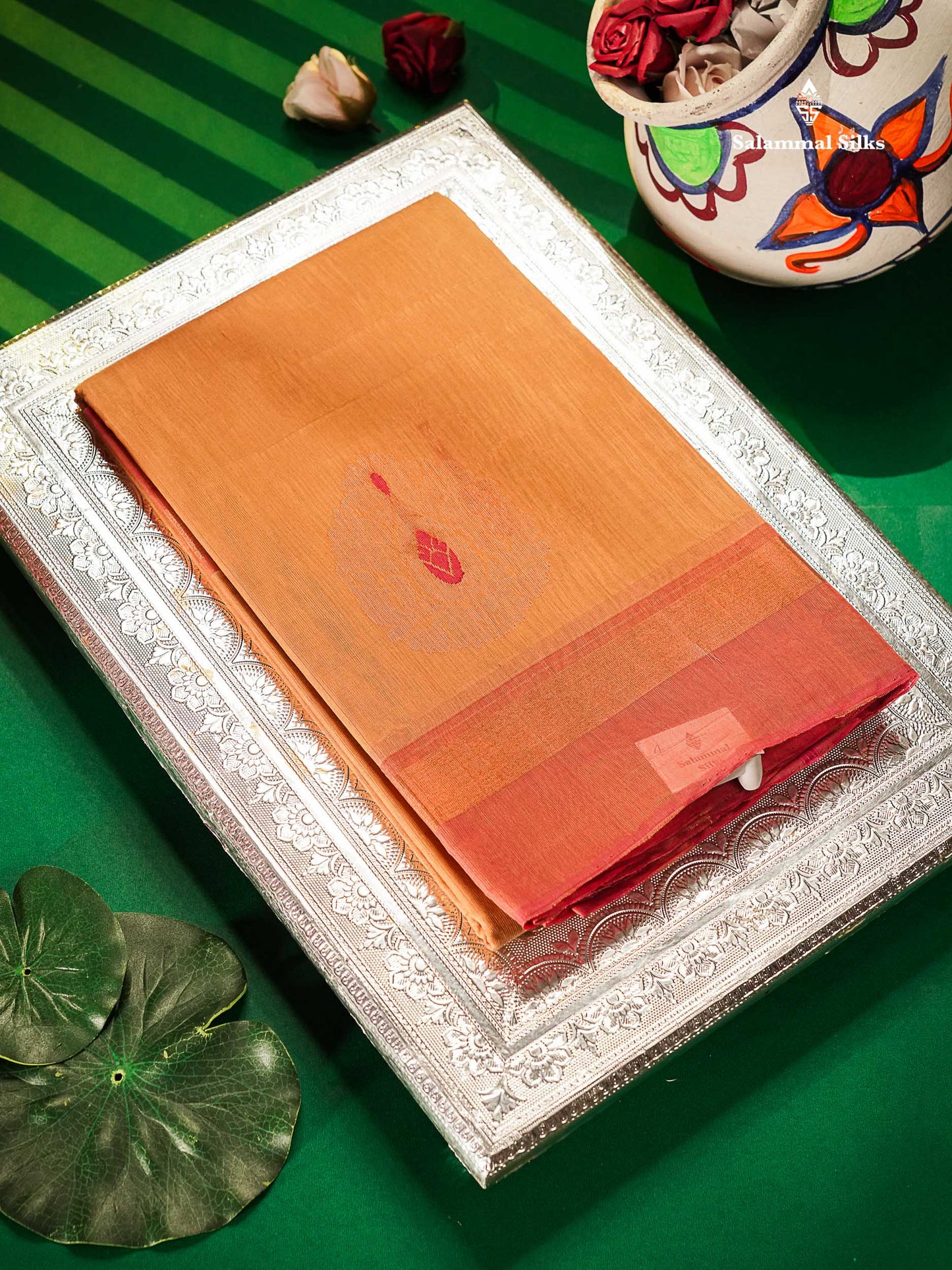 SICO Cotton Saree - Dark Sandal Colour Body Zari Butta With Peach Blouse