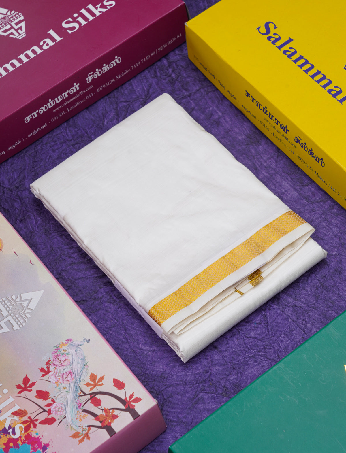 Cream White Pure Silk Dhoti (8x4) Yards with Gold Zari Border