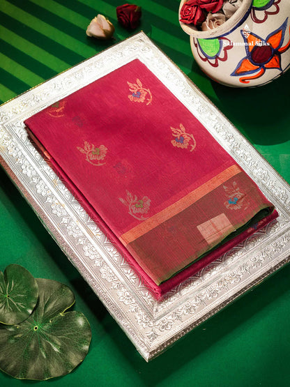 SICO Cotton Saree - Rani Pink Colour Body Zari Butta With Green Blouse