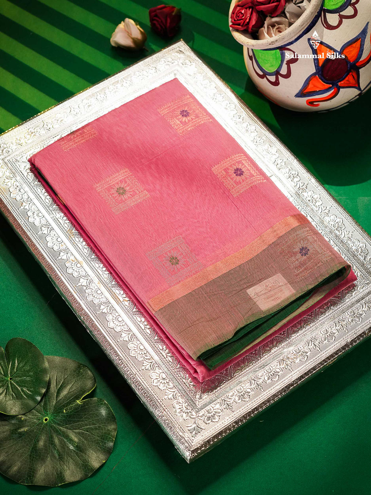 Light Pink Menakari Work SICO Cotton Saree With Contrast Bottle Green Blouse