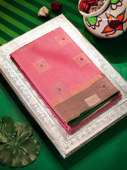Light Pink Menakari Work SICO Cotton Saree With Contrast Bottle Green Blouse