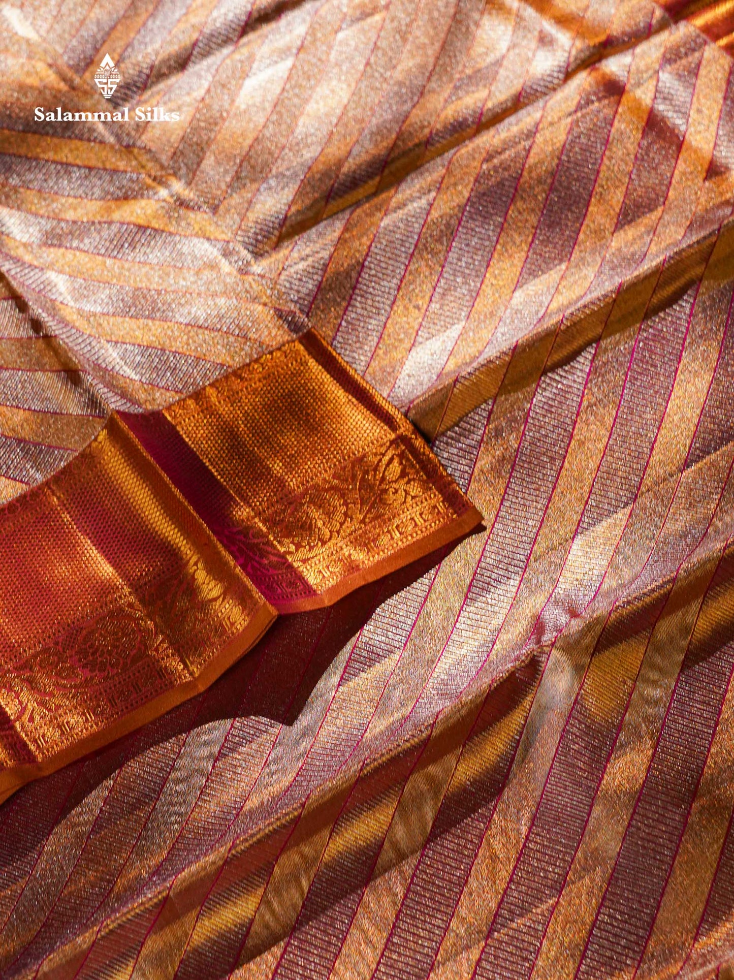 Beautiful Gold & Red Tissue Bridal Pure Kanjivaram Silk Saree With Contrast Brown Broder