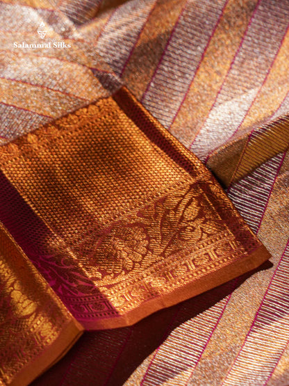 Beautiful Gold & Red Tissue Bridal Pure Kanjivaram Silk Saree With Contrast Brown Broder