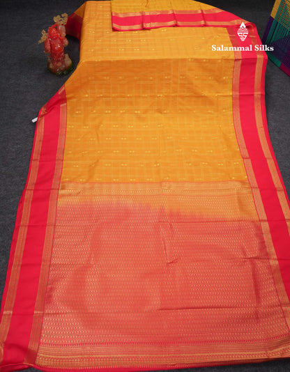Beautiful Mango Yellow Checks And Buttas Semi Silk Saree With Red Traditional Double Border