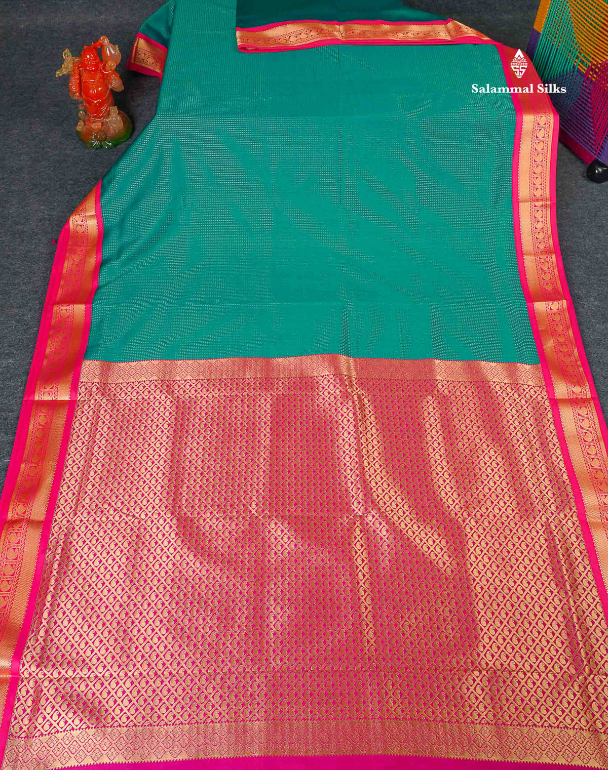 Semi Silk Saree - Teal Green Colour Body With Contrast Pink Border | 9.5 Yards