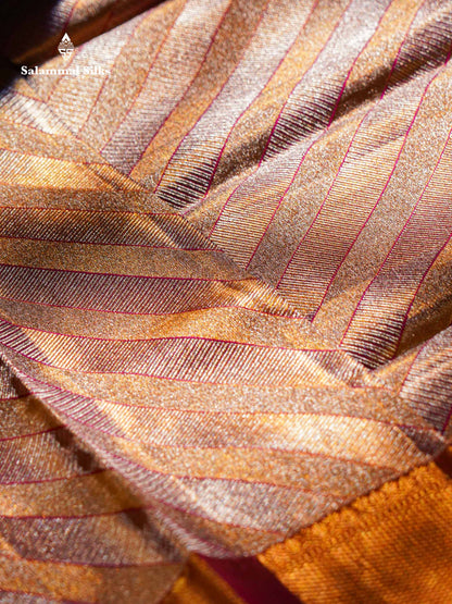 Beautiful Gold & Red Tissue Bridal Pure Kanjivaram Silk Saree With Contrast Brown Broder