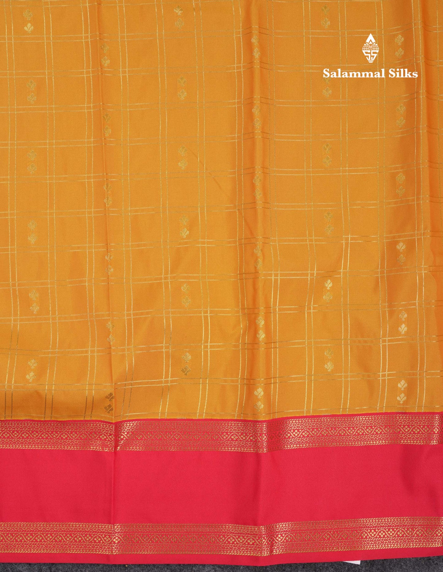 Beautiful Mango Yellow Checks And Buttas Semi Silk Saree With Red Traditional Double Border